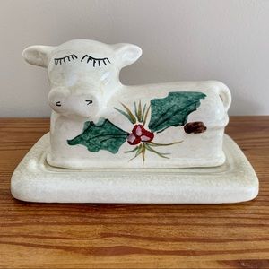 Bellini Piu Italy Covered Butter Dish Christmas Winter Holly Cow Cream White